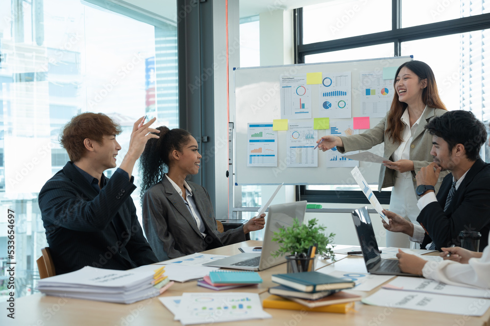 Poster diverse business people meeting new startup project pointing graph discussion and analysis data char