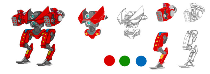 Vector illustration of  fighter robot with separate components isolated on a white background, suitable for animation and game design.