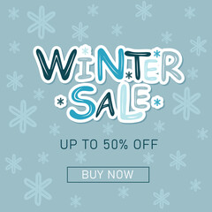 Fototapeta na wymiar Winter sale banner. Sticker text with snowflakes. Social media promotional content. Vector decorative element