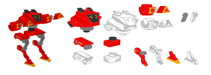 Vector illustration of  fighter robot with separate components isolated on a white background, suitable for animation and game design.