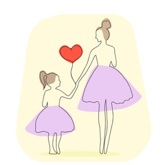 One line mother and daughter portrait , creative freehand composition in abstract style with colorful geometric elements. Mom and little girl are holding heart shape baloon