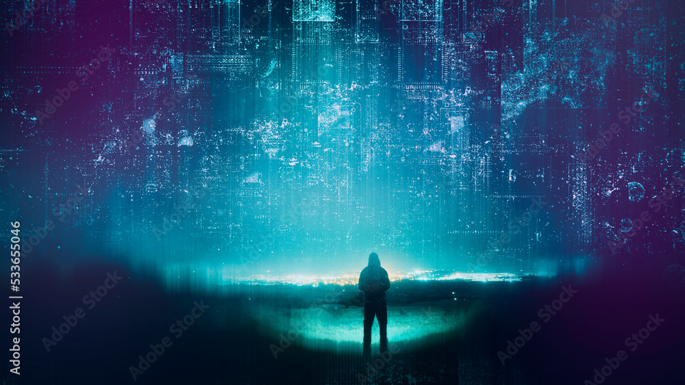 Poster a science fiction concept of a man looking up at a glowing grid of lights and patterns in the sky.