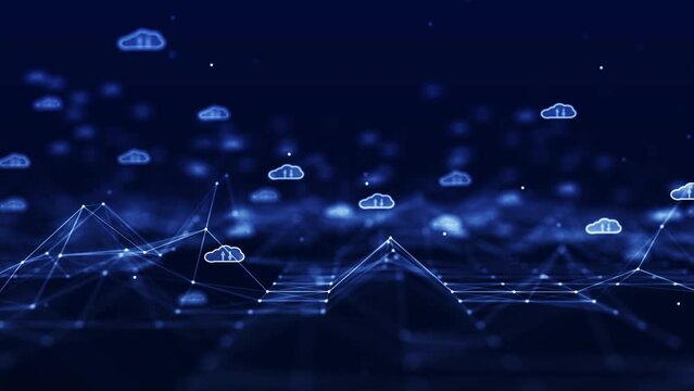 Cloud computing technology concept for data transfer to storage system. Slow motion white cloud icon over polygon on dark blue background.