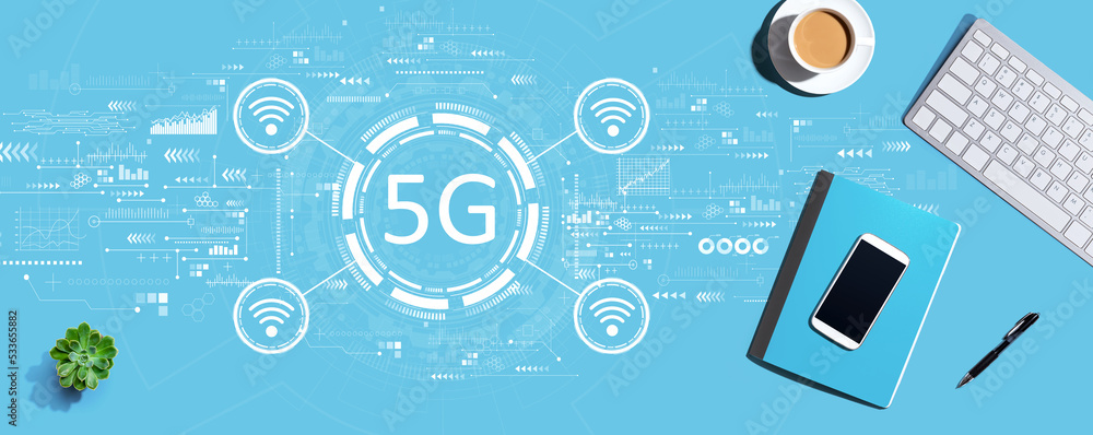 Poster 5g network with a computer keyboard and office items