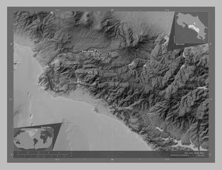 San Jose, Costa Rica. Grayscale. Labelled points of cities