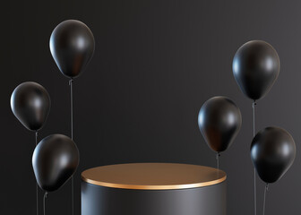Golden podium with black helium balloons. Black friday sale. Special offer. Scene for product, cosmetic presentation. Trendy mock up. Pedestal, platform, stage for beauty product. 3D rendering.