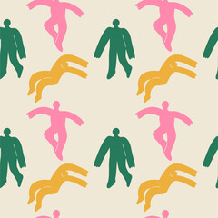 Seamless abstract pattern, strange creatures or people in different poses. Cute disproportionate isolated characters. Print for printing. Flat design, cartoon drawing, vector.