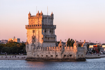 Belém Tower, Torre de Belém in Belém, Lisbon, the capital of Portugal. 16th-century fortification as seen from Tagus river. UNESCO World Heritage Site.