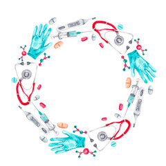 Watercolor medical frame made of gloves, pills, thermometers, syringes, stethoscopes