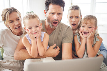 Family wow, streaming movie and kids with surprise at online email, shock at horror film on subscription service and notification on web on laptop. Parents and grandmother scared of news on tech
