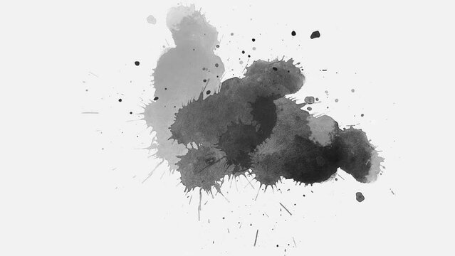 ink slow motion transition reveal. Ink splash. Abstract inkblot, splat, fluid art, overlay, alpha matte composition, spreading brush stroke. ink splatter blot spreading on a white background.