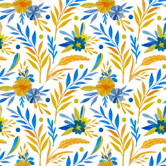 Watercolor seamless floral pettrn in ukrainian traditional colors - yellow and blue abstract flowers and leaves. Art for textile.