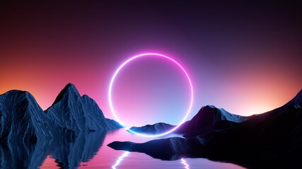 3d render. Abstract neon background with round geometric shape, surreal landscape, mountains and ring glowing in ultraviolet spectrum. Virtual reality scenery. Fantastic nature wallpaper - obrazy, fototapety, plakaty