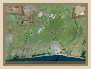 Lagunes, Cote d'Ivoire. High-res satellite. Labelled points of cities