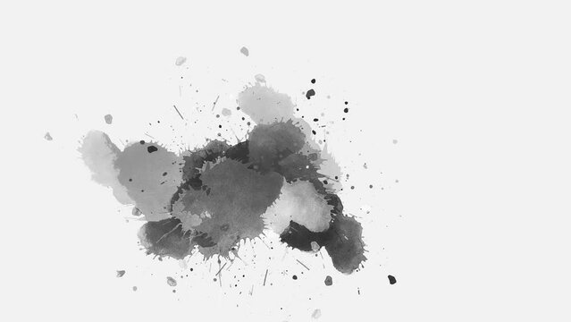 Ink brush stroke transition. Ink splash. Abstract inkblot, splat, fluid art, overlay, alpha matte composition, spreading brush stroke. ink transition splatter blot spreading on a white background.