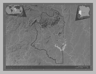 Montagnes, Cote d'Ivoire. Grayscale. Labelled points of cities