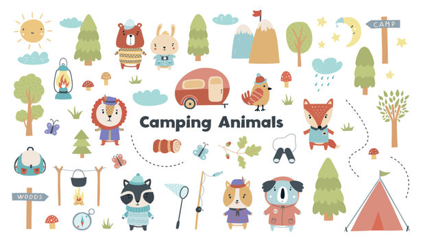 A cute set with camping, forest animals, scout badges, tents and more. Vector illustration.