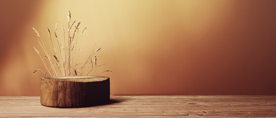 Wheat crops with a round wooden podium - 3D render