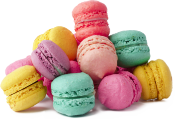 Pile of colorful macaroons isolated on white background, close up