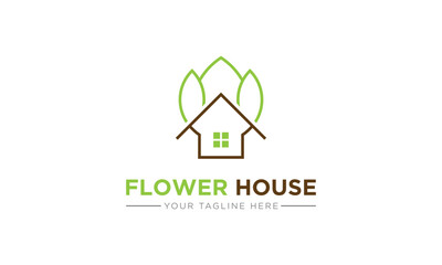 Green Lotus Flower House Home Line Style. Flower tree, Spa Meditation Yoga Logo Design Vector