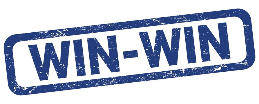 WIN-WIN text written on blue rectangle stamp.