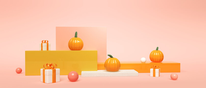 Autumn pumpkins with gift boxes - Harvest and Thanksgiving theme - 3D render
