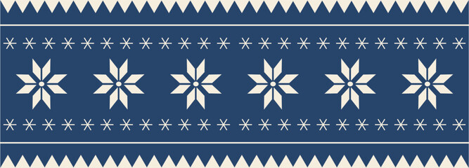 Christmas and New Year seamless pattern. Flat knitting pattern, Fair Isle in blue and white with Scandinavian snowflakes for winter hat, sweater, jumper, paper or other designs.