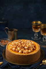 cheesecake with popcorn and salted caramel sauce