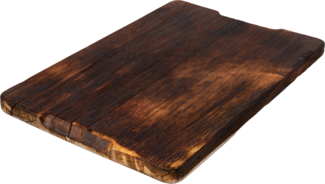 Dark wooden cutting board on white background, close up