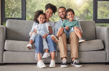 Happy family on sofa and portrait in their living room with lens flare for wellness, child...