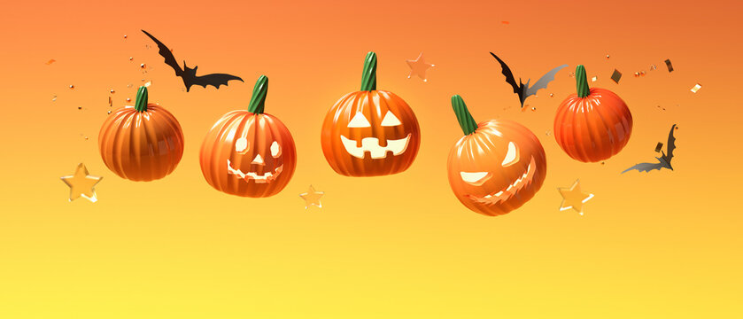 Halloween theme with pumpkin ghosts and bats - 3D render