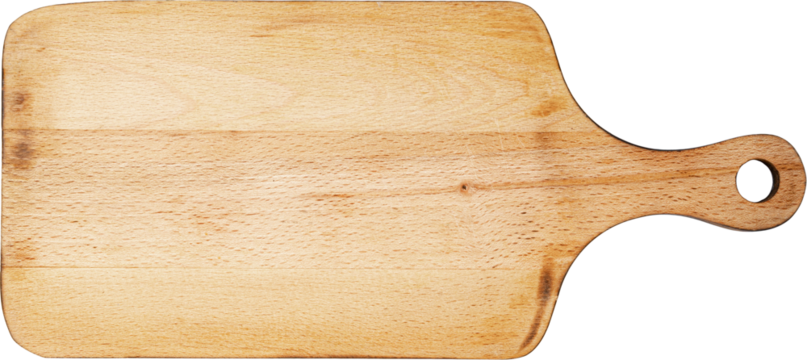 Wooden cutting board on a white background, close up