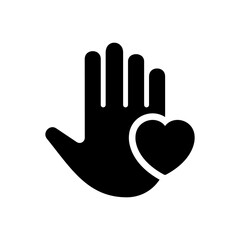Palm of Hand and Heart Silhouette Icon. Symbol of Volunteering Black Pictogram. Charity and Donation Concept. Shape of Heart and Hand Icon. Isolated Vector Illustration