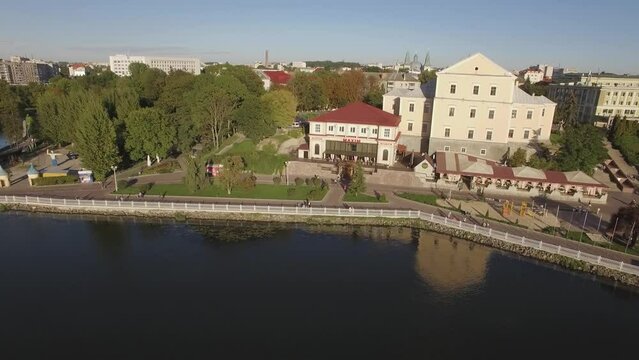 Aerial view of Ternopil waterfront Columns on the shore of the lake in sunny day