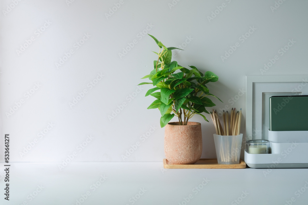 Wall mural a potted plant, stationery and blank picture frame on white table home office desk, copy space for y