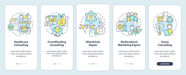 In demand small business types onboarding mobile app screen. Walkthrough 5 steps editable graphic instructions with linear concepts. UI, UX, GUI template. Myriad Pro-Bold, Regular fonts used