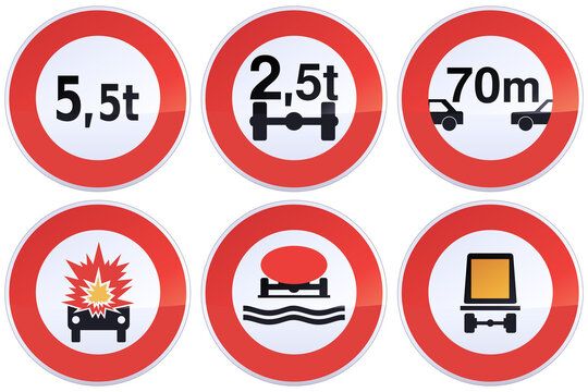 Black, white and red road prohibition signs of minimum distance between vehicles, transport of polluting material, dangerous material or explosive material, prohibition of a vehicle weight