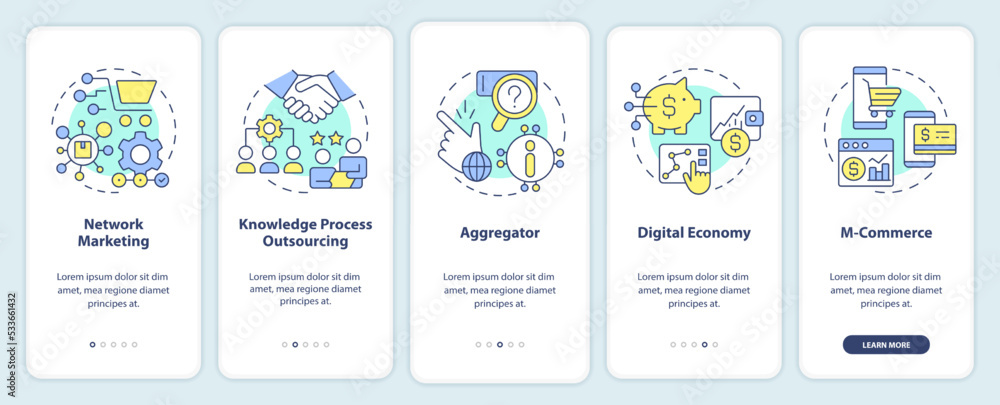 Aufkleber emerging business trends onboarding mobile app screen. walkthrough 5 steps editable graphic instruct