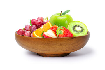 Mix fruits (strawberry, green apple, kiwi, orange fruit and red grapes) in wooden bowl isolated on white background. 