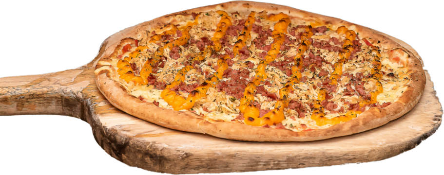 Brazilian style pizza on a wooden paddle