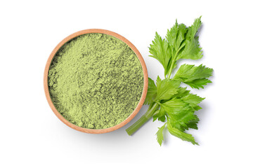 Celery powder in wooden bowl and fresh celery leaf isolated on white background.Top view, flat lay. - obrazy, fototapety, plakaty