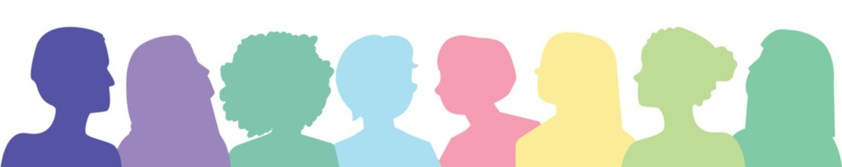Vector. Ilustraci&oacute;n colorida con siluetas de retratos tipo cartoon de personas diversas juntas. Armon&iacute;as de color dulces, arcoiris.