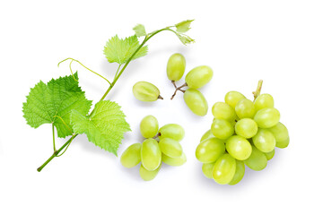 Green grape with green leaf and half slice isolated on white background.