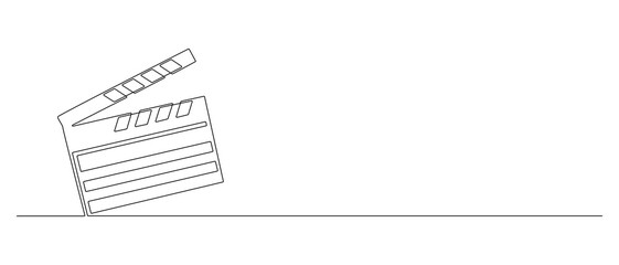 One continuous line drawing of clapper board. Clapperboard sign for action movie scene and retro video production concept in simple linear style. Outline editable stroke. Doodle vector illustration