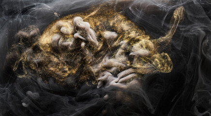 Golden sparkling abstract background, luxury black smoke, acrylic paint underwater explosion, cosmic swirling ink © amixstudio