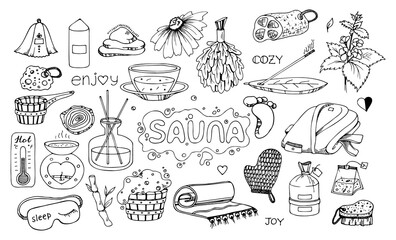 Sauna Doodle Set. Hand drawn bathing accessories. Vector outline illustration