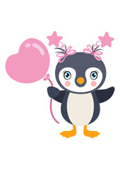 Baby girl penguin hold a pink heart balloon
