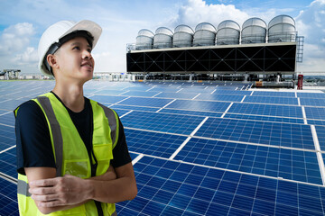 Asian electrical engineer ,professional electrician wearing white hat looking forward to...