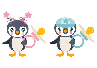 Pink and blue baby penguin holding a pacifier