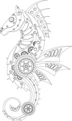 Mechanical seahorse coloring book in metal steampunk style. Vector illustration.